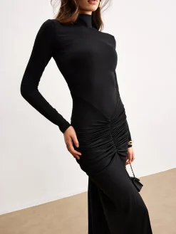 COMMENSE Ruched Split Jersey Long Dress* Black Dresses|Casual Dresses