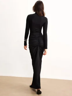 COMMENSE Ruched Split Jersey Long Dress* Black Dresses|Casual Dresses