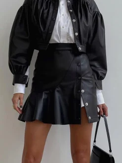 COMMENSE Ruffle Button Clasp PU Leather Skirt* Skirts|Bottoms