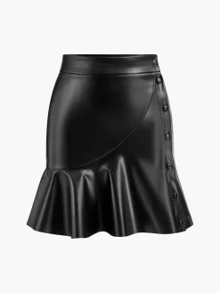 COMMENSE Ruffle Button Clasp PU Leather Skirt* Skirts|Bottoms