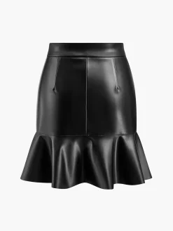 COMMENSE Ruffle Button Clasp PU Leather Skirt* Skirts|Bottoms