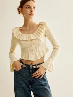COMMENSE Ruffle Button Knit Top* Sweater Tops|Sweaters & Cardigans