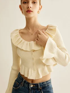 COMMENSE Ruffle Button Knit Top* Sweater Tops|Sweaters & Cardigans