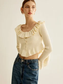 COMMENSE Ruffle Button Knit Top* Sweater Tops|Sweaters & Cardigans