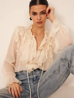 COMMENSE Ruffle Chiffon Breasted Thin Shirt* Blouses & Shirts|Tops