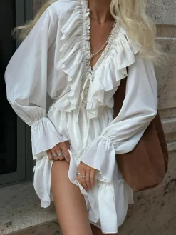 COMMENSE Ruffle Collar Short Dress* White Dresses|Casual Dresses