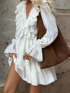 COMMENSE Ruffle Collar Short Dress* White Dresses|Casual Dresses