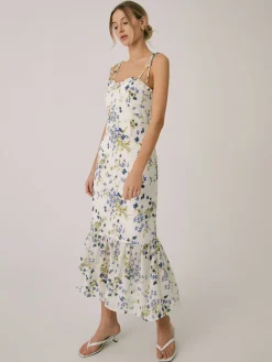 COMMENSE Ruffle Floral Print Cami Long Dress* White Dresses|Casual Dresses