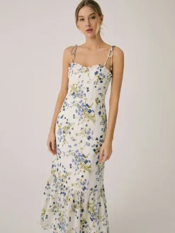 COMMENSE Ruffle Floral Print Cami Long Dress* White Dresses|Casual Dresses