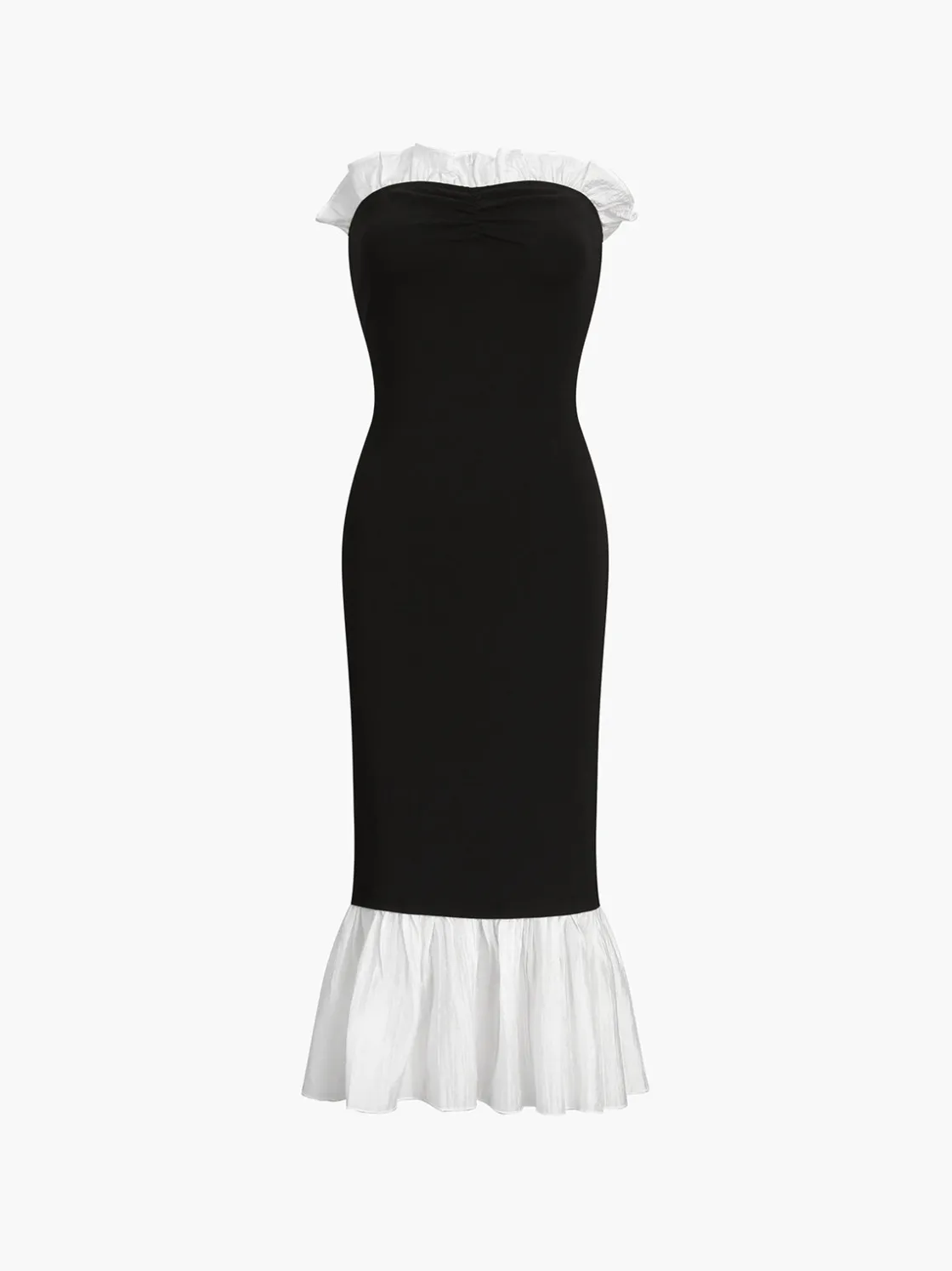 COMMENSE Ruffle Hem Patchwork Midi Dress* Black Dresses|Casual Dresses