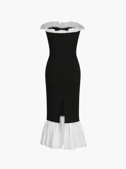 COMMENSE Ruffle Hem Patchwork Midi Dress* Black Dresses|Casual Dresses