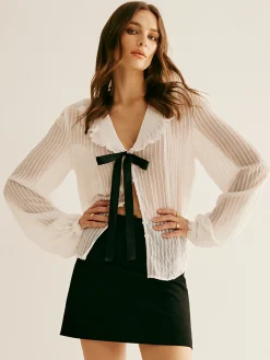 COMMENSE Ruffle Neck Pinstripe Semi-Sheer Shirt* Blouses & Shirts|Tops