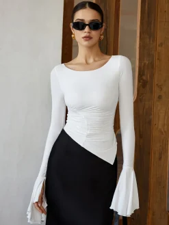 COMMENSE Ruffle Pleated Long Sleeve T-Shirt* T-shirts