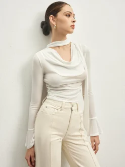 COMMENSE Ruffle Sheer Draped Jersey T-Shirt* T-shirts|Tops