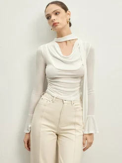COMMENSE Ruffle Sheer Draped Jersey T-Shirt* T-shirts|Tops