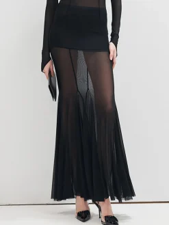 COMMENSE Ruffle Sheer Panel Maxi Skirt* Skirts|Matching Sets