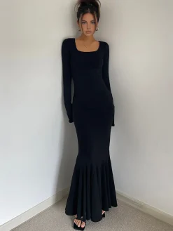 COMMENSE Ruffle Slim Knit Long Dress* Black Dresses|Casual Dresses