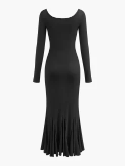 COMMENSE Ruffle Slim Knit Long Dress* Black Dresses|Casual Dresses