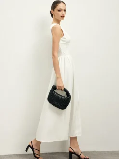 COMMENSE Ruffle Trim Neck Button Sleeveless Dress* White Dresses|Casual Dresses