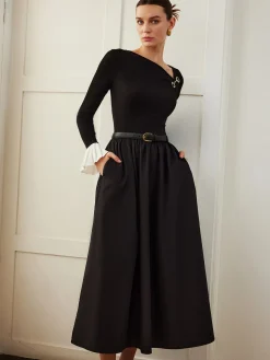 COMMENSE Ruffle-Cuff Panel Pockets Dress Without Belt* Black Dresses|Casual Dresses