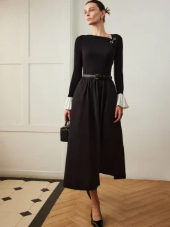 COMMENSE Ruffle-Cuff Panel Pockets Dress Without Belt* Black Dresses|Casual Dresses