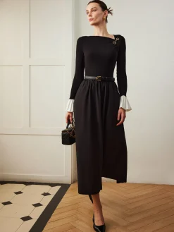 COMMENSE Ruffle-Cuff Panel Pockets Dress Without Belt* Black Dresses|Casual Dresses