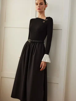 COMMENSE Ruffle-Cuff Panel Pockets Dress Without Belt* Black Dresses|Casual Dresses