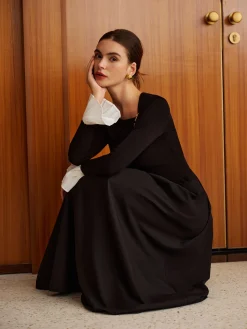 COMMENSE Ruffle-Cuff Panel Pockets Dress Without Belt* Black Dresses|Casual Dresses