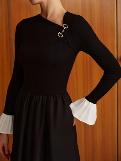 COMMENSE Ruffle-Cuff Panel Pockets Dress Without Belt* Black Dresses|Casual Dresses