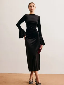 COMMENSE Ruffle-Cuff Velvet Long Dress* Black Dresses|Cocktail & Party Dresses