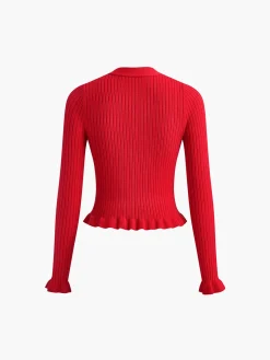 COMMENSE Ruffled Trim Pearl Button Long Sleeve Cardigan* Cardigans|Sweaters & Cardigans