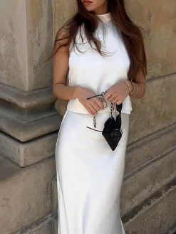 COMMENSE Sacred Dream Open Back Satin Two Piece Skirt Set* Skirt Sets|Long Sleeve Sets