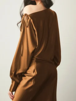 COMMENSE Satin Asymmetrical Cold Shoulder Tied Blouse* Blouses & Shirts|Tops