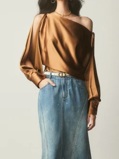 COMMENSE Satin Asymmetrical Cold Shoulder Tied Blouse* Blouses & Shirts|Tops