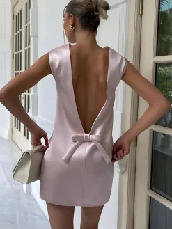 COMMENSE Satin Backless Bow Detail Short Dress* Black Dresses|Casual Dresses