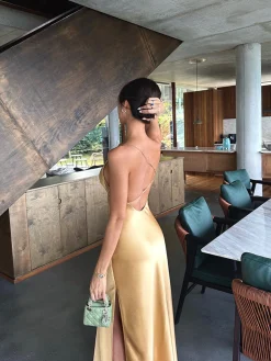 COMMENSE Satin Backless Split Thigh Long Dress* Casual Dresses|Cocktail & Party Dresses