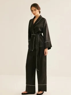 COMMENSE Satin Contrast Piping Belted Pants Set* Pants Sets