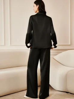 COMMENSE Satin 3D Flower Pocket Shirt* Long Sleeve Sets|Blouses & Shirts