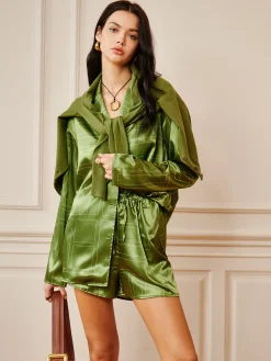 COMMENSE Satin Drawstring Shorts Set* Shorts Sets|Long Sleeve Sets