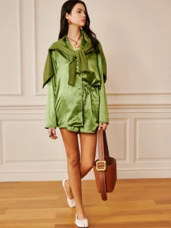 COMMENSE Satin Drawstring Shorts Set* Shorts Sets|Long Sleeve Sets