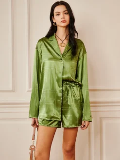 COMMENSE Satin Drawstring Shorts Set* Shorts Sets|Long Sleeve Sets
