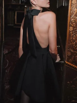 COMMENSE Satin Knotted Doule Pockets Open Back Pleated Mini Dress* Black Dresses|Cocktail & Party Dresses