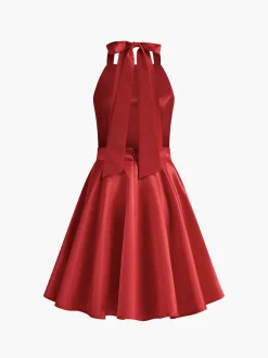 COMMENSE Satin Knotted Doule Pockets Open Back Pleated Mini Dress* Black Dresses|Cocktail & Party Dresses