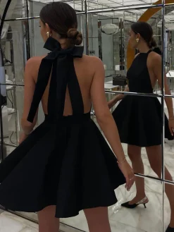 COMMENSE Satin Knotted Doule Pockets Open Back Pleated Mini Dress* Black Dresses|Cocktail & Party Dresses