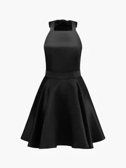 COMMENSE Satin Knotted Doule Pockets Open Back Pleated Mini Dress* Black Dresses|Cocktail & Party Dresses