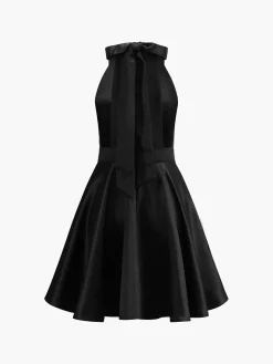 COMMENSE Satin Knotted Doule Pockets Open Back Pleated Mini Dress* Black Dresses|Cocktail & Party Dresses