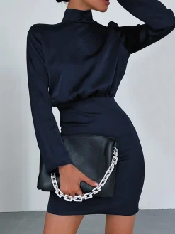 COMMENSE Satin Mock Neck Tie Back Short Dress* Black Dresses|Casual Dresses