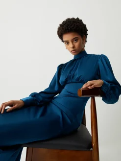 COMMENSE Satin Mock Neck Tie Back Long Sleeve Midi Dress* Casual Dresses|Work Dresses