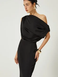 COMMENSE Satin One Shoulder Off Split Long Dress* Black Dresses|Casual Dresses