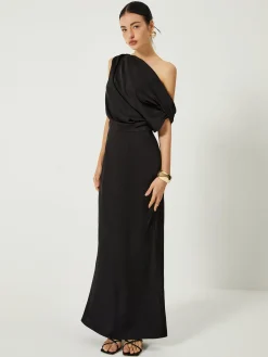 COMMENSE Satin One Shoulder Off Split Long Dress* Black Dresses|Casual Dresses